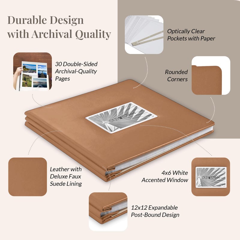 Old Town Bonded Leather Photo Album, Large Leather Scrapbook, Expandable Scrapbook Album 12x12 Double-Sided White Paper Pages and Optically Clear Pockets, Faux Suede Lining, Caramel - Image 3