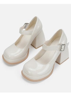 Loquat Women's T-Strap Round Toe Platform Heels Chunky Heel Mary Jane Dress Shoes White  - Image 1