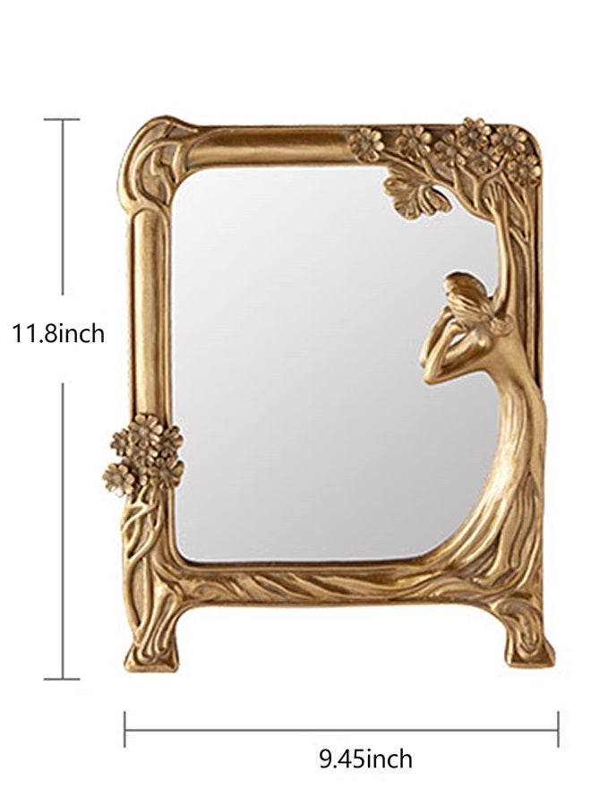 Nerien Resin Vintage Makeup Mirror Decorative Tabletop Rectangle Mirror Gold Standing Desktop Cosmetic Mirror Maid Girl Vanity Mirror Plum Floral Countertop Dressing Mirror with Stand for Home Decor - Image 2