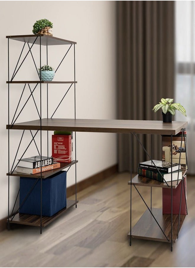 Cady One Office table with wooden side shelves, office shelving unit with a modern and elegant design, wooden office shelves in a stepped and open shape, a shelf library with enough space to organize books and various items, equipped with a strong, stable and heavy-duty base 121*137*61 cm  - Image 1