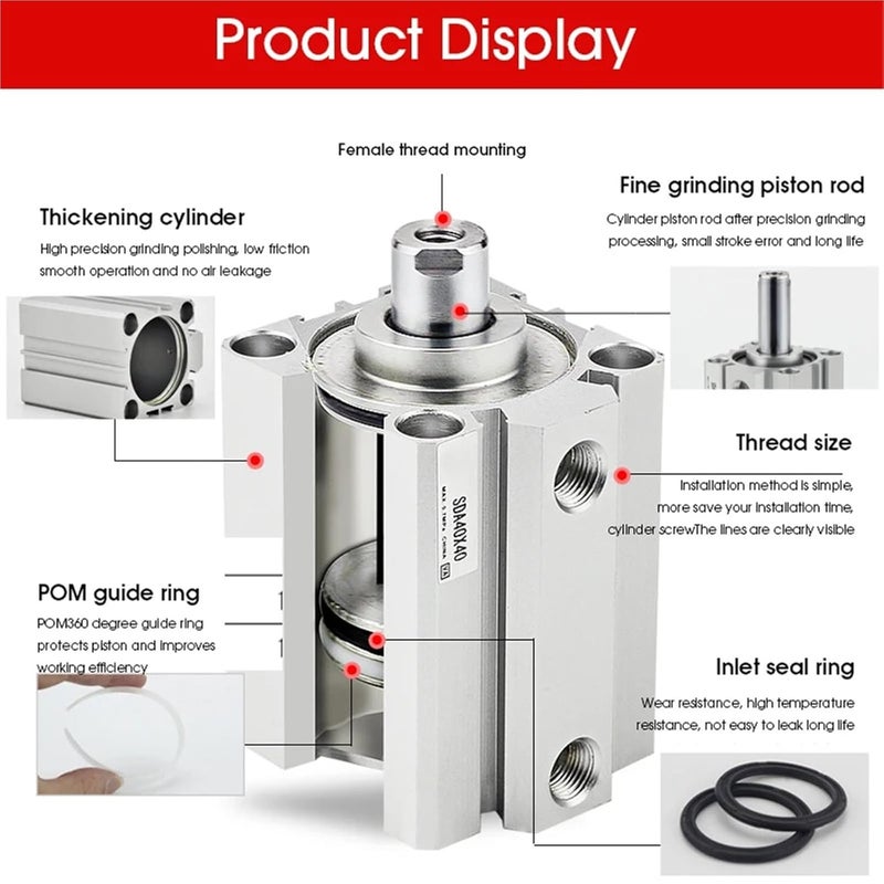 SDA Compact Cylinder SDA16 SDA20 SDA25 SDA32 SDA40 SDA50 SDA63 SDA80 Stroke 10/20/30/40 Double Acting Pneumatic Piston Cylinder(Stroke 40mm,Bore 63mm) - Image 3