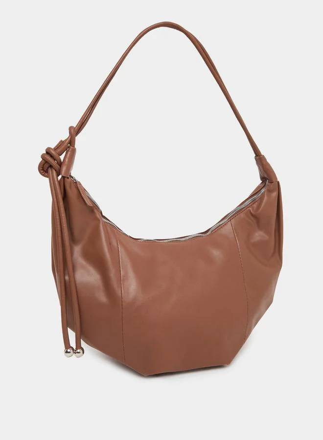ستايلي Styli Solid Leather Shoulder Bag with Zip Closure