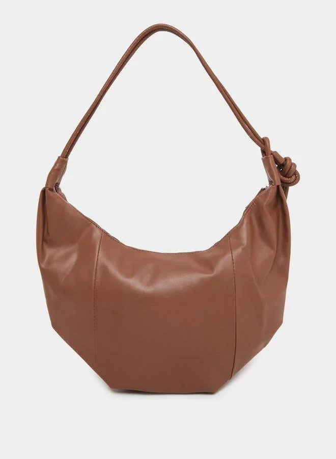 ستايلي Styli Solid Leather Shoulder Bag with Zip Closure