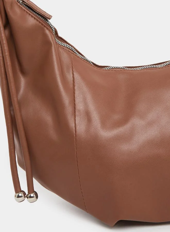 Styli Styli Solid Leather Shoulder Bag with Zip Closure