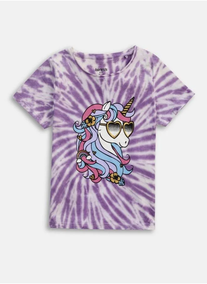 Bonkids Girl's t-shirts in regular fit purple colour cotton fabric embellished pattern pull over closure woven weave type round collar type round neckline half sleeve length t-shirt upper body wear type suitable for casual occasions – embrace the latest in chic design!