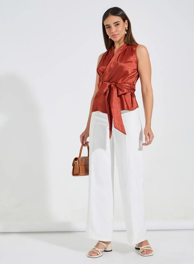 Styli Styli Jacquard Satin Wrap Top with Tie Waist
