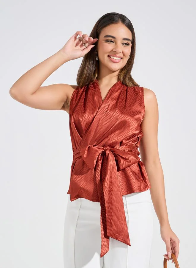 Styli Styli Jacquard Satin Wrap Top with Tie Waist