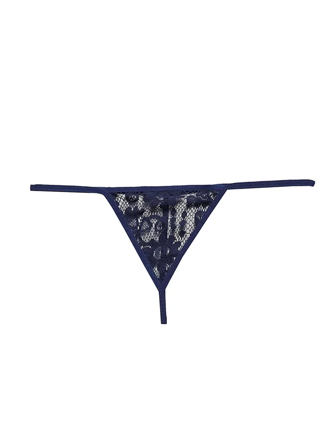 Clovia Clovia Self-Patterned Sheer Halter-Neck Babydoll with Matching G-string in Navy - Lace