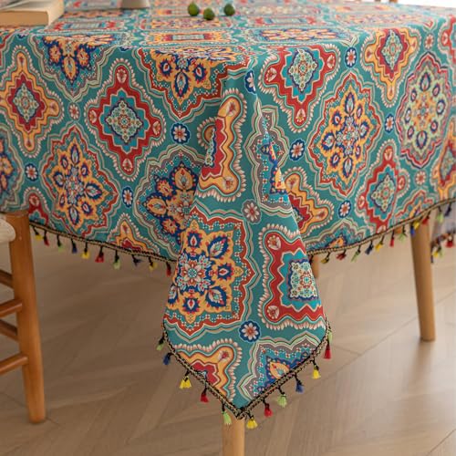 Erbnaryx Handblock Print Tablecloth for Square Tables, Boho Table Cover with Fringed Edges, Decorative Tablecloth for Kitchen and Dining Room,59"x 70" - Image 1