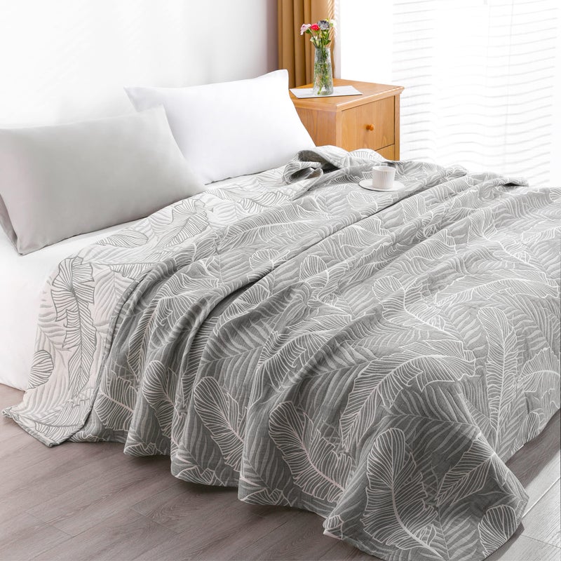 NTBAY 3 Layers Cotton Muslin 106x92 King Bed Blanket, Super Soft Breathable Thermal Yarn Dyed Quilt for Adults, Perfect Lightweight Blanket for Couch Sofa Bed All Seasons, Dark Grey Leaf - Image 1