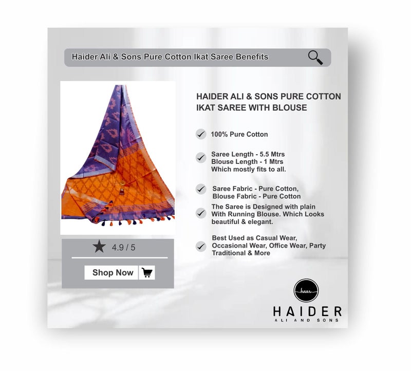 HAIDER ALI AND SONS Cotton Ikkat Saree For Women |Traditional Saree Ikat Design With Blouse Piece For Women & Girls | 6.50 Meters (Saree - 5.50 Mtrs, Blouse Piece - 100 Cms)_35, Multicolor - Image 3