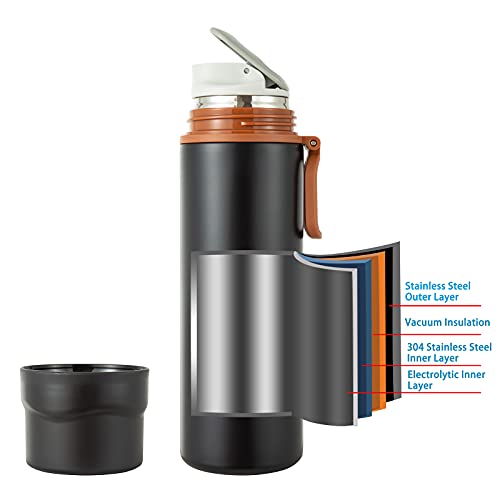 Lzznom Insulated Water Bottle-Stainless Steel Vacuum Coffee Cup with Handle,Flask Double Walled Sport Travel Mug with Leakproof Lid,Keep Hot & Cold 12 Hours BPA Free 15oz(Black) - Image 3