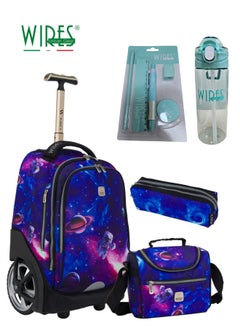 Wires 5 Piece Kids School Trolley Bag laptop compartment Big Wheels With Lunch bag & Pencil Case  - Image 1