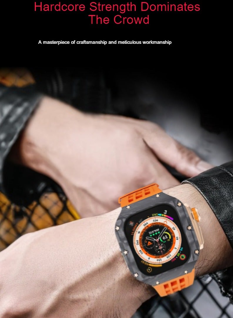 AROAQ Carbon Fiber Case for Apple Watch 49mm Fluororubber Band Metal Bezel Ultra Titanium Alloy Integrated Protective Case Carbon Shell Silver Titanium Frame Strap - Image 2