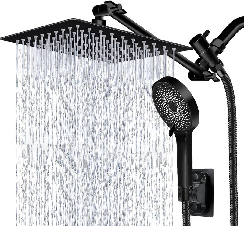Nottia Shower Head,10 Inch High Pressure Rain Shower Head with Handheld Spray Combo, Adjustable Dual Rainfall Shower Head - Showerhead Comb Set with Extension Arm - 60 Inch Long Shower Hoseï¼ˆBlackï¼‰ - Image 1