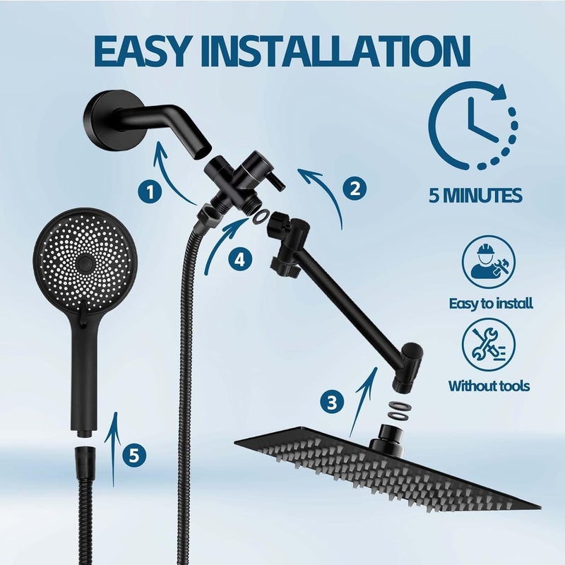 Nottia Shower Head,10 Inch High Pressure Rain Shower Head with Handheld Spray Combo, Adjustable Dual Rainfall Shower Head - Showerhead Comb Set with Extension Arm - 60 Inch Long Shower Hoseï¼ˆBlackï¼‰ - Image 3