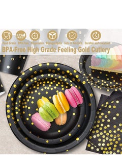 Y&D Disposable Party Dinnerware Set, Black and Gold Supplies, Plastic Forks Knives Spoons Golden Dot Paper Plates, Napkins Cups for Graduation, Birthday, Wedding 175PCS  - Image 2