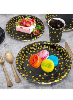 Y&D Disposable Party Dinnerware Set, Black and Gold Supplies, Plastic Forks Knives Spoons Golden Dot Paper Plates, Napkins Cups for Graduation, Birthday, Wedding 175PCS  - Image 3