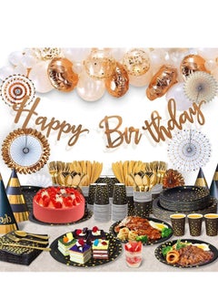 Y&D Disposable Party Dinnerware Set, Black and Gold Supplies, Plastic Forks Knives Spoons Golden Dot Paper Plates, Napkins Cups for Graduation, Birthday, Wedding 175PCS  - Image 4