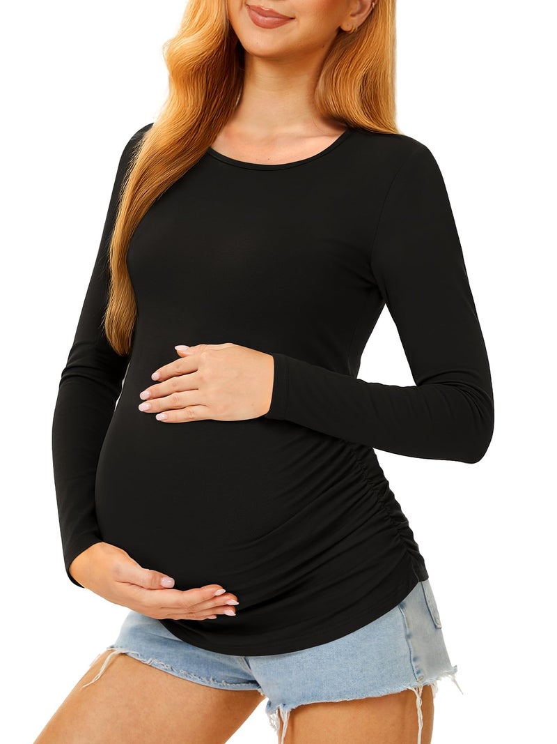 MIRAZEN Maternity Shirts Long Sleeve Pregnancy Top for Women with Crew Neck Casual Tee Shirts, Black, Small - Image 1