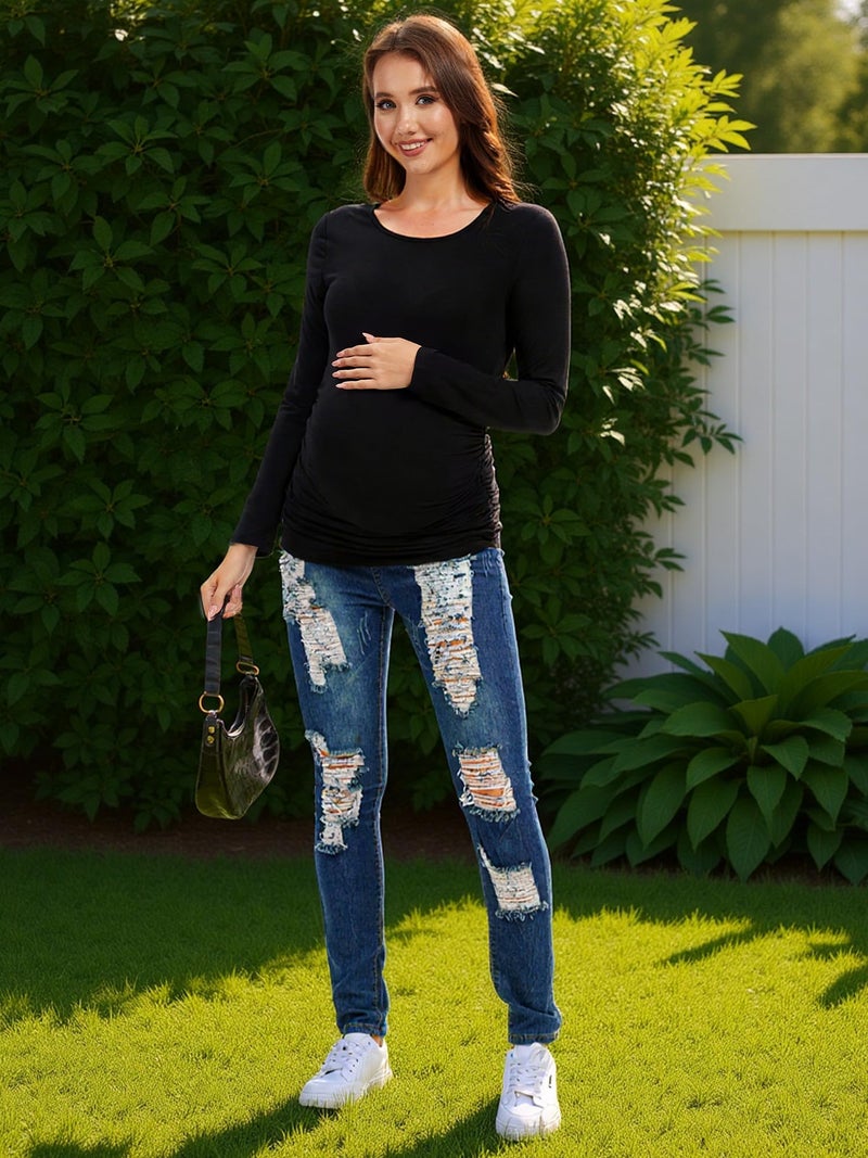 MIRAZEN Maternity Shirts Long Sleeve Pregnancy Top for Women with Crew Neck Casual Tee Shirts, Black, Small - Image 4