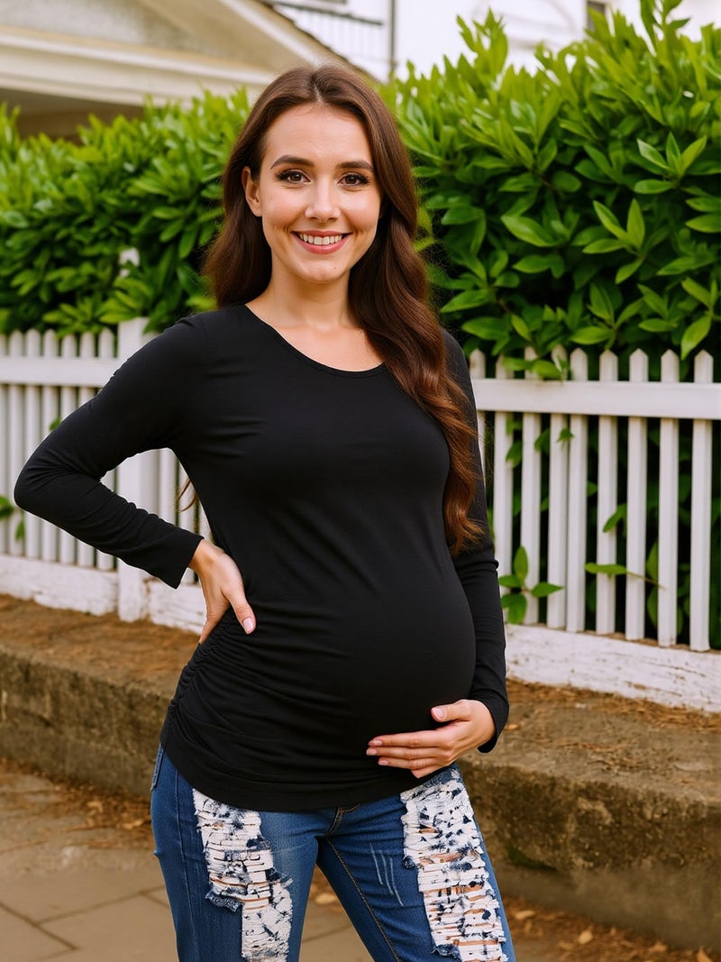 MIRAZEN Maternity Shirts Long Sleeve Pregnancy Top for Women with Crew Neck Casual Tee Shirts, Black, Small - Image 3