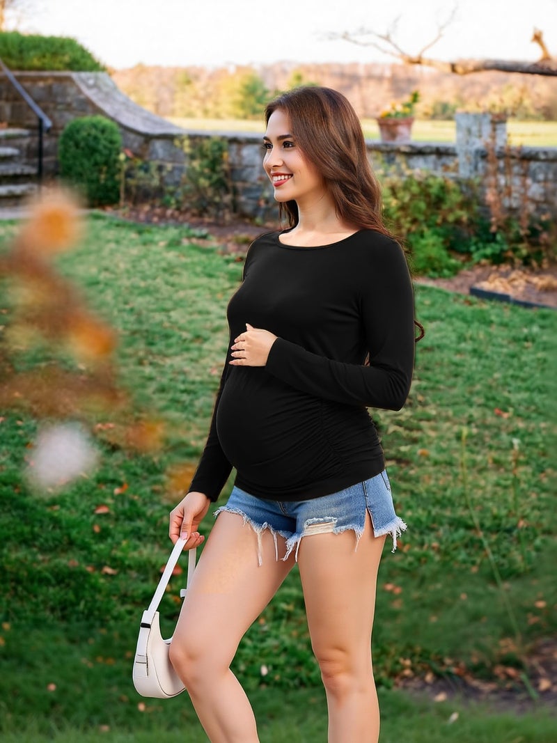 MIRAZEN Maternity Shirts Long Sleeve Pregnancy Top for Women with Crew Neck Casual Tee Shirts, Black, Small - Image 5