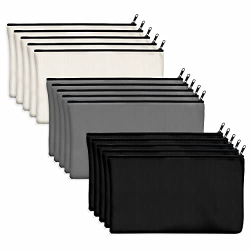 Vantasii 15 Pack Blank Cotton Canvas DIY Craft Zipper Bags Pouches Pencil Case for Makeup Cosmetic Toiletry Stationary Storage(Black + Grey + White) - Image 1