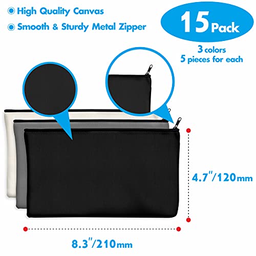 Vantasii 15 Pack Blank Cotton Canvas DIY Craft Zipper Bags Pouches Pencil Case for Makeup Cosmetic Toiletry Stationary Storage(Black + Grey + White) - Image 3