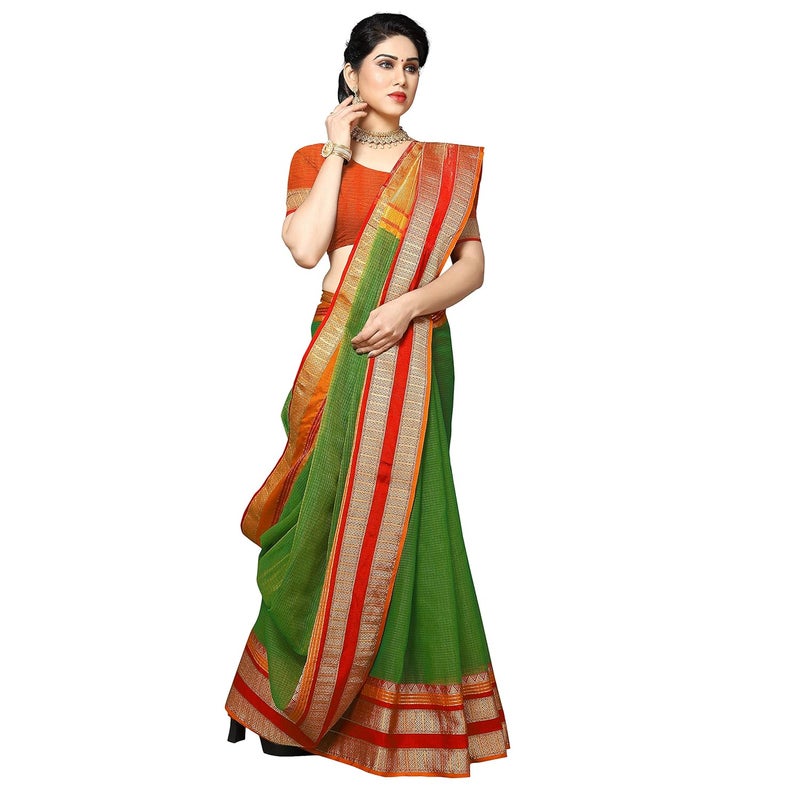 Sidhidata Women's Green Kota Doria Cotton Manipuri Saree with Unstitched Blouse Piece and Temple Border - Image 1