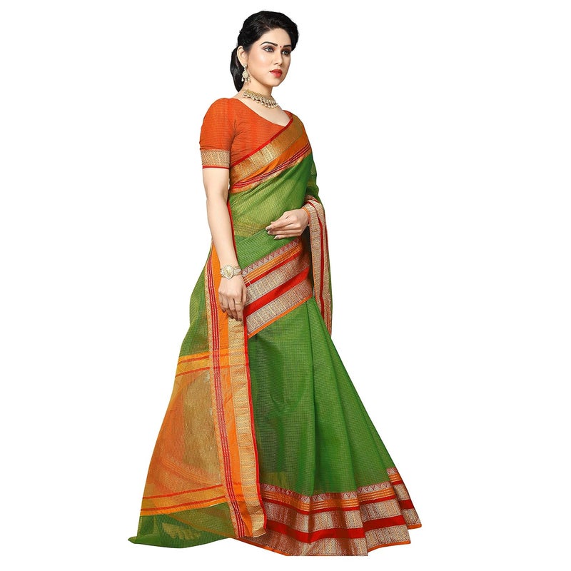 Sidhidata Women's Green Kota Doria Cotton Manipuri Saree with Unstitched Blouse Piece and Temple Border - Image 4
