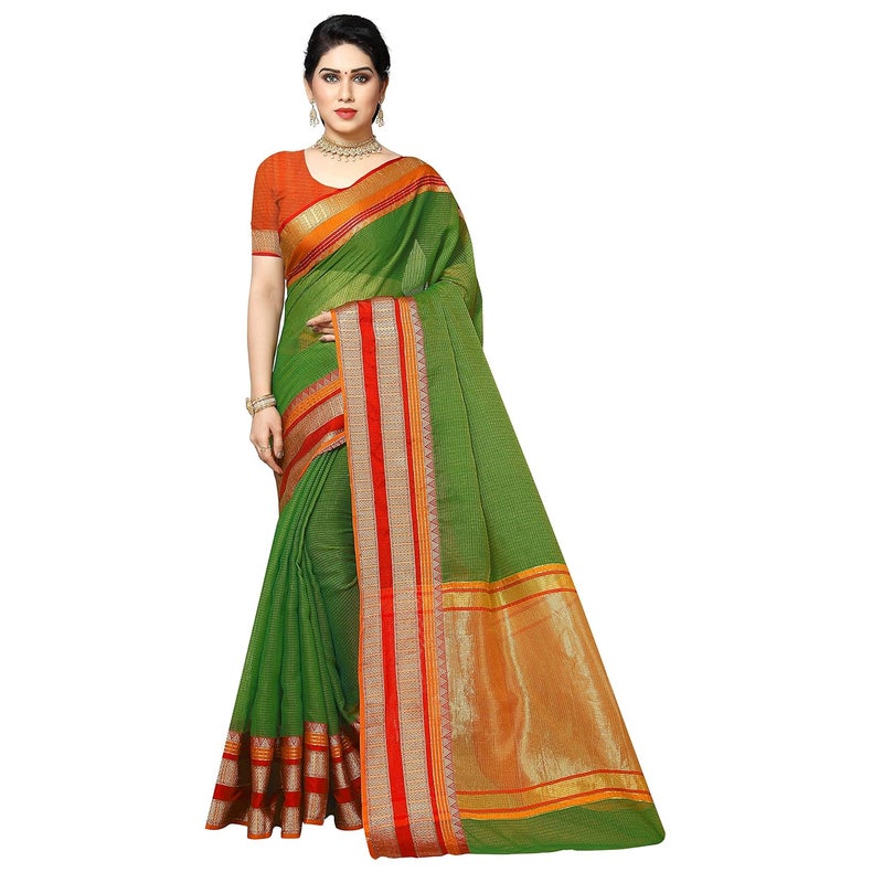 Sidhidata Women's Green Kota Doria Cotton Manipuri Saree with Unstitched Blouse Piece and Temple Border - Image 2