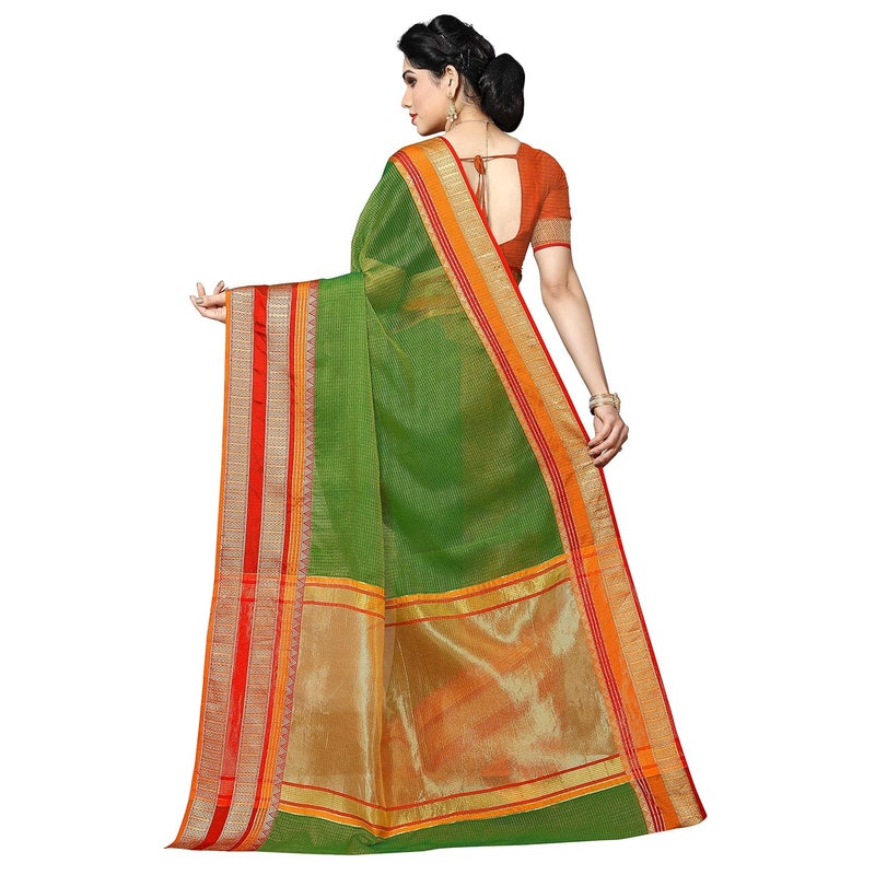 Sidhidata Women's Green Kota Doria Cotton Manipuri Saree with Unstitched Blouse Piece and Temple Border - Image 3