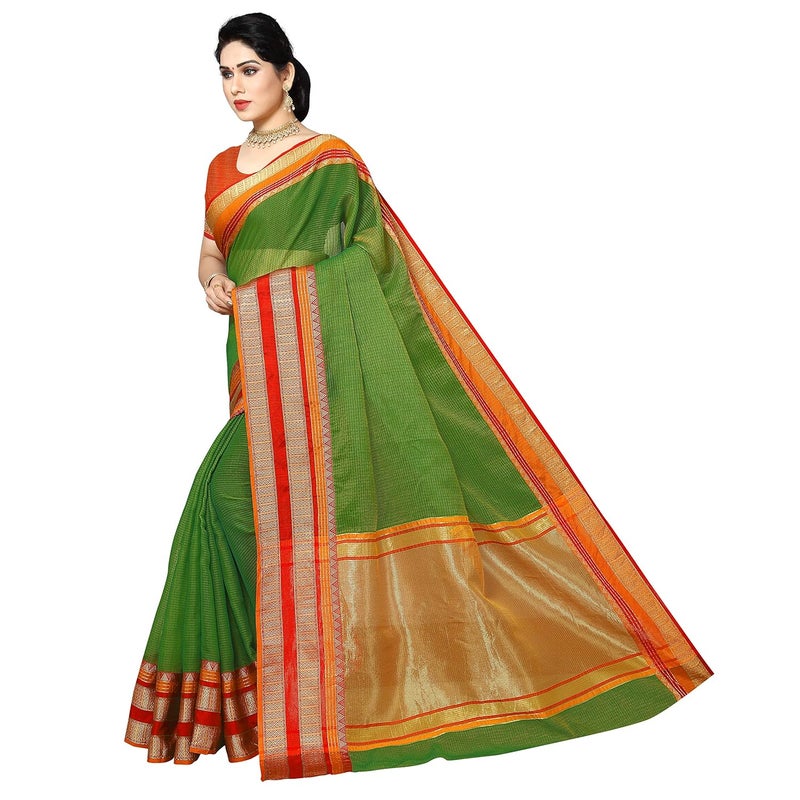 Sidhidata Women's Green Kota Doria Cotton Manipuri Saree with Unstitched Blouse Piece and Temple Border - Image 5