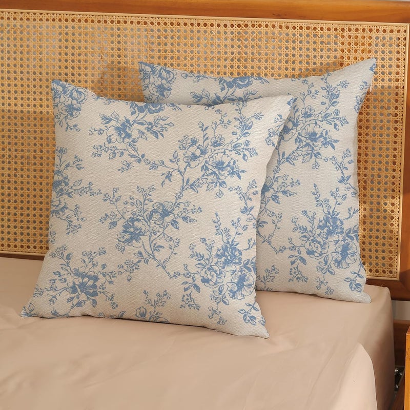 GOLIANDA Baby Blue and Cream Flower Pillow Covers 18x18 Set of 2 Chinoiserie Floral Decorative Throw Pillows Vintage Toile Flower Pillowcase Linen Outdoor Farmhouse Cushion Cover for Couch Sofa Decor - Image 3