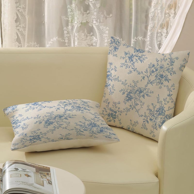 GOLIANDA Baby Blue and Cream Flower Pillow Covers 18x18 Set of 2 Chinoiserie Floral Decorative Throw Pillows Vintage Toile Flower Pillowcase Linen Outdoor Farmhouse Cushion Cover for Couch Sofa Decor - Image 5