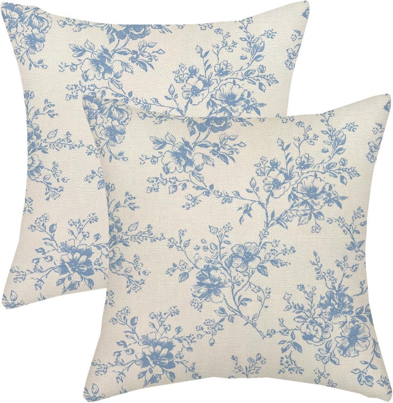 GOLIANDA Baby Blue and Cream Flower Pillow Covers 18x18 Set of 2 Chinoiserie Floral Decorative Throw Pillows Vintage Toile Flower Pillowcase Linen Outdoor Farmhouse Cushion Cover for Couch Sofa Decor - Image 1