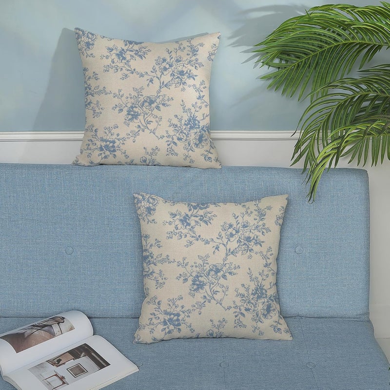 GOLIANDA Baby Blue and Cream Flower Pillow Covers 18x18 Set of 2 Chinoiserie Floral Decorative Throw Pillows Vintage Toile Flower Pillowcase Linen Outdoor Farmhouse Cushion Cover for Couch Sofa Decor - Image 4