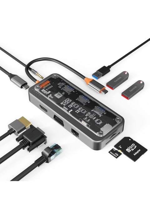 USB C HUB, 10-in-1 USB C Adapter Docking Station with 4K HDMI, VGA, Type C PD, USB3.0, RJ45 Ethernet, SD/TF Card Reader, 3.5mm AUX, Multiport Adapter for MacBook Pro/Air, XPS, Type C Devices