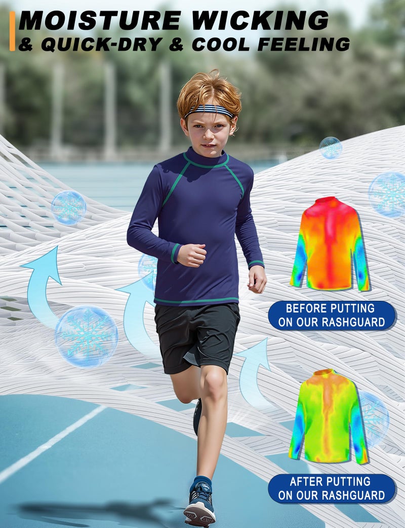 BIGANT Boys Rash Guard Swim Shirt Long Sleeve UPF 50+ Rashguard Quick Dry Kids Youth Fishing Water Sun UV SPF Swimwear Tops(Navy,12-14Y) - Image 3