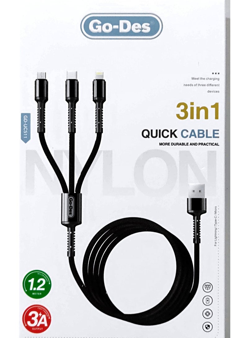 جو-ديز كابل 3 في 1 المزوَّد بمنفذ Micro USB من نوع C للشحن ومزامنة البيانات رمادي - Image 1