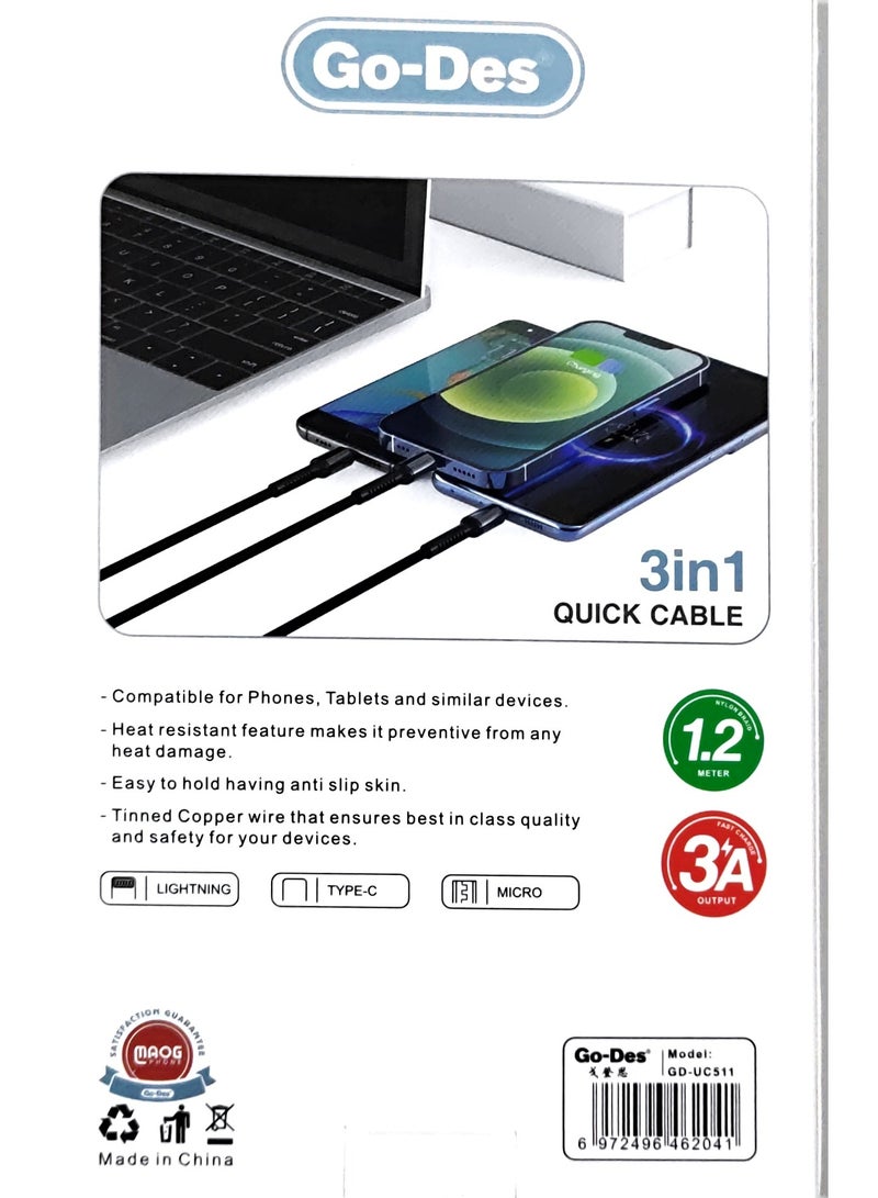 جو-ديز كابل 3 في 1 المزوَّد بمنفذ Micro USB من نوع C للشحن ومزامنة البيانات رمادي - Image 2