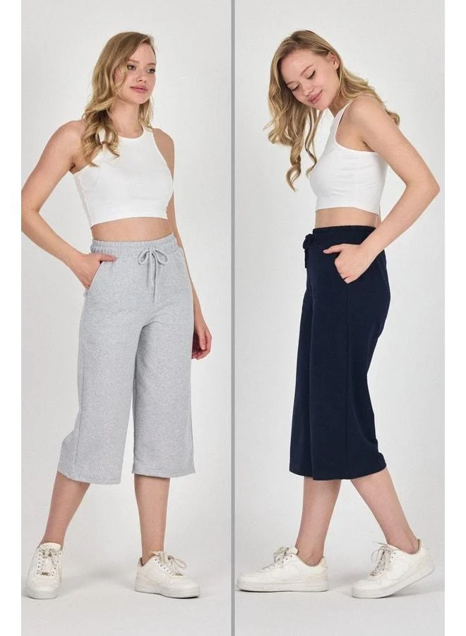 Mmetalic High-Waist Pocketed Relaxed-Fit Seasonal Women's Knee-Length 2-Pack Bermuda Capri Shorts in Gray and Navy