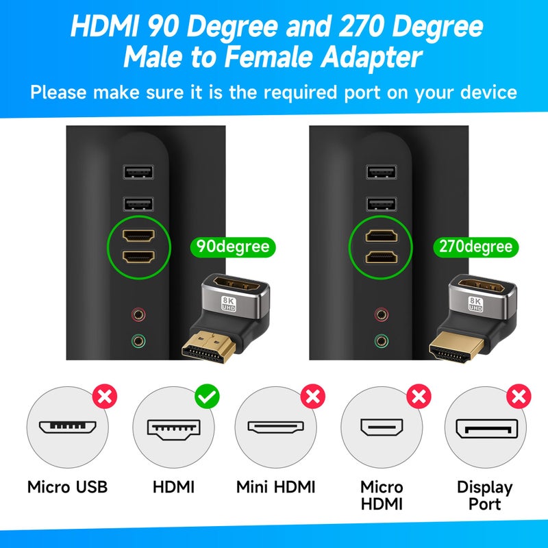 Togconn 8K 90 Degree HDMI 2.1 Adapter 2 Pack, (Up and Down) Right Angle HDMI Male to Female HDMI L-Shaped Connector Extender Support 8K@60Hz,4K@120Hz for Google Chrome Cast, Roku Stick, Wall TV, Laptop and PC - Image 2