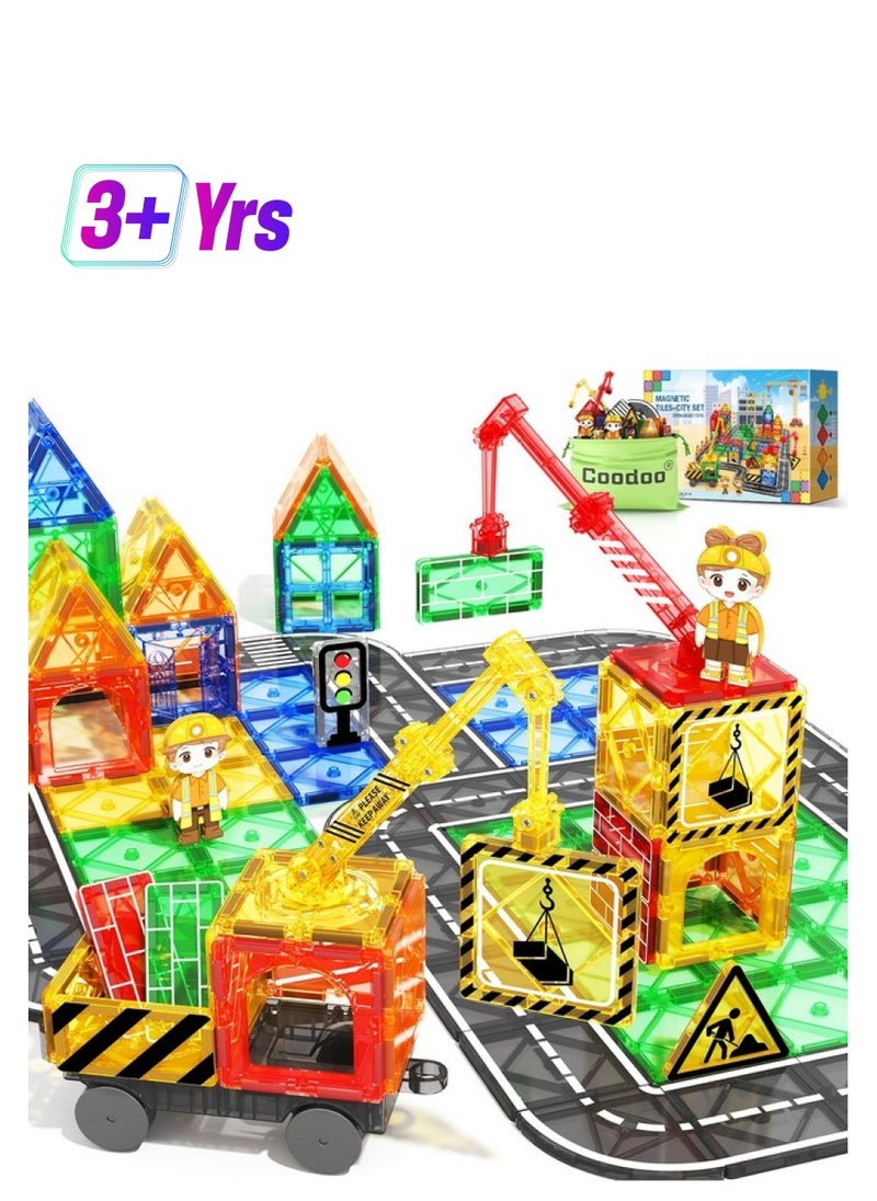 Coodoo - Kids Games Magnetic Tiles With 2 Cranes Construction Toys Set Sensory Toys For Boys Girls Ages 3-6 5-7 8-13, Gifts For 3+ Year Old Boys Girls Toddler Outdoor Kids Toys With Car - Image 1