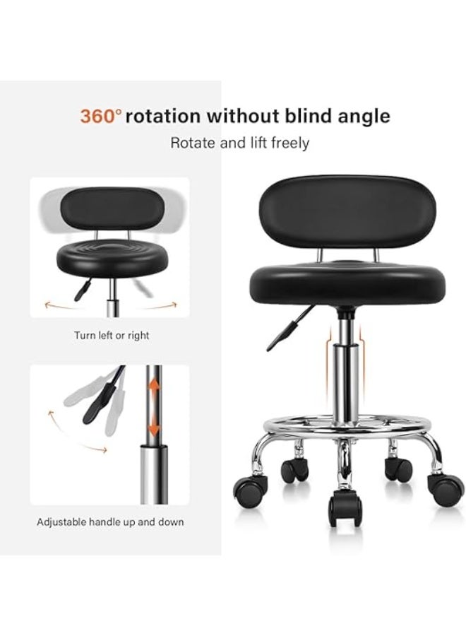 OMEVE PU Leather Modern Rolling Stool with Low Back Height Adjustable Work Salon Drafting Swivel Task Chair with Footrest (Black) - Image 5