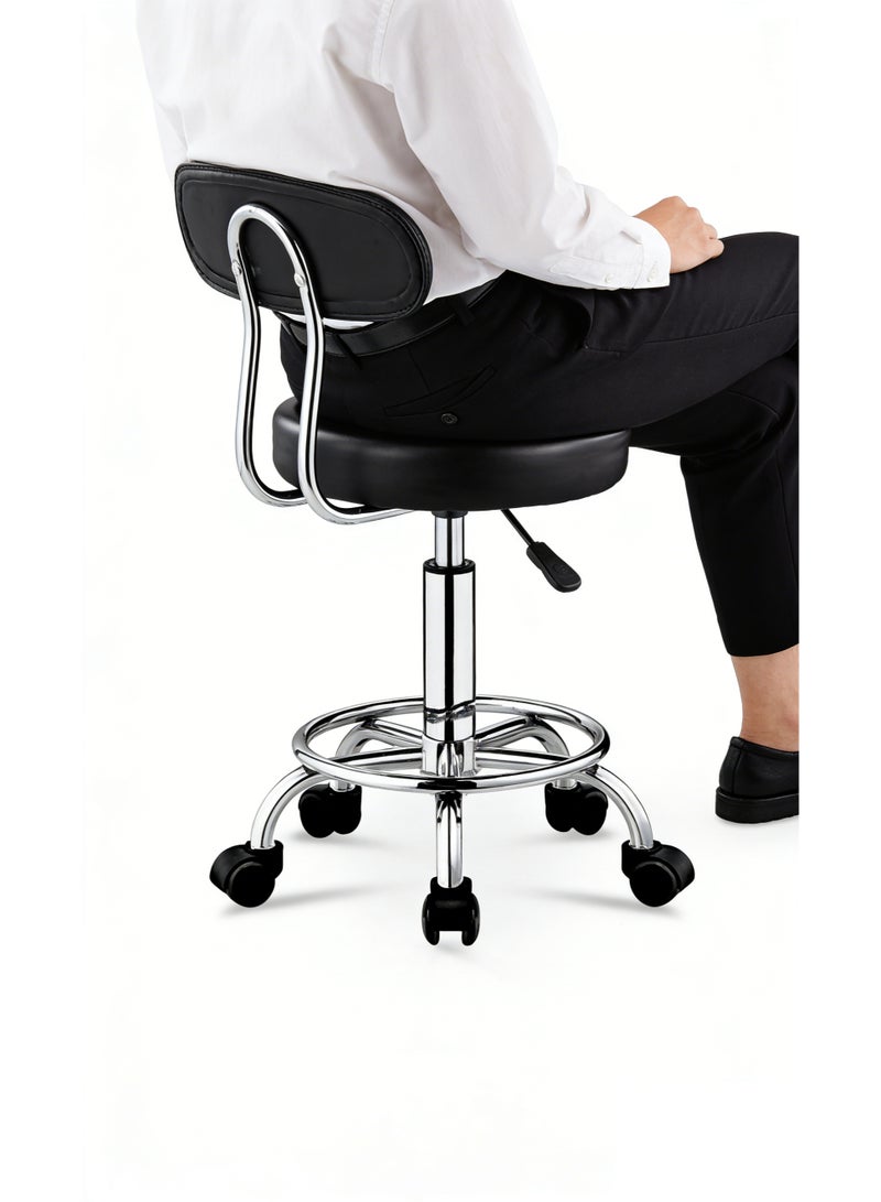 OMEVE PU Leather Modern Rolling Stool with Low Back Height Adjustable Work Salon Drafting Swivel Task Chair with Footrest (Black) - Image 3