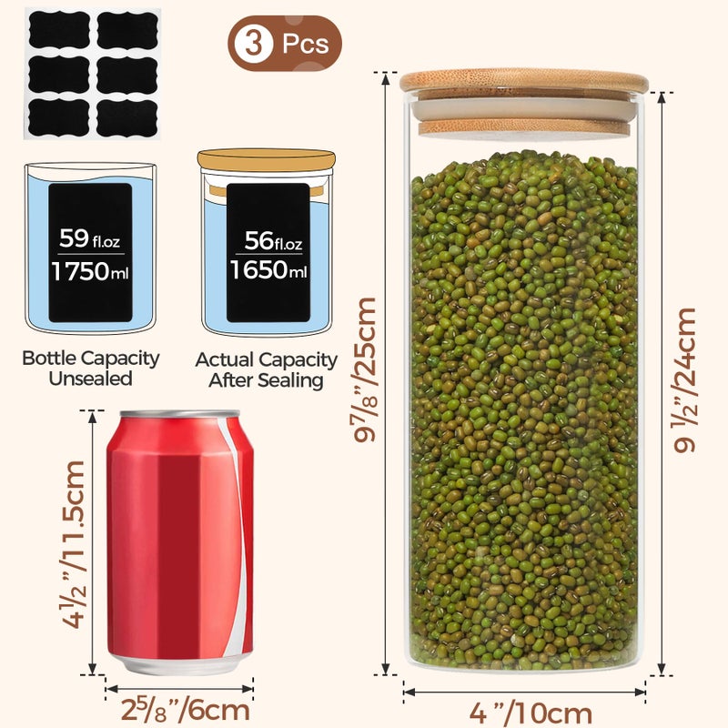 ComSaf 56oz Glass Storage Containers with Lids  Glass Jars with Lids  Clear Food Storage Jar  Round Glass Canister Set of 3  Pantry Organizers and Storage for Pasta Flour Cookie Rice Tea Coffee Bean - Image 2