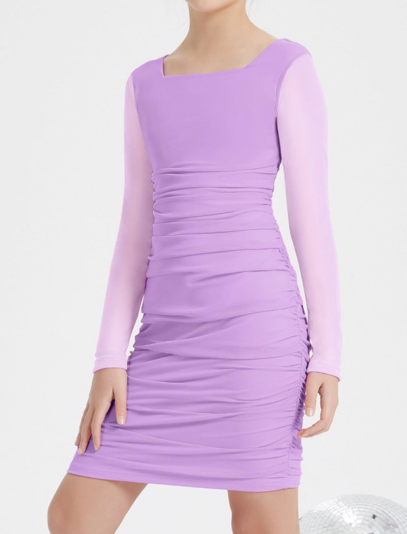 EXARUS Girls Formal Long Sleeve Bodycon Dress Teen Tween Party Holiday Dance Prom Ruched Short Fitted Purple 12 Years - Image 2