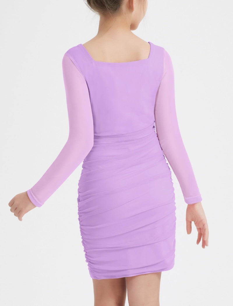 EXARUS Girls Formal Long Sleeve Bodycon Dress Teen Tween Party Holiday Dance Prom Ruched Short Fitted Purple 12 Years - Image 3